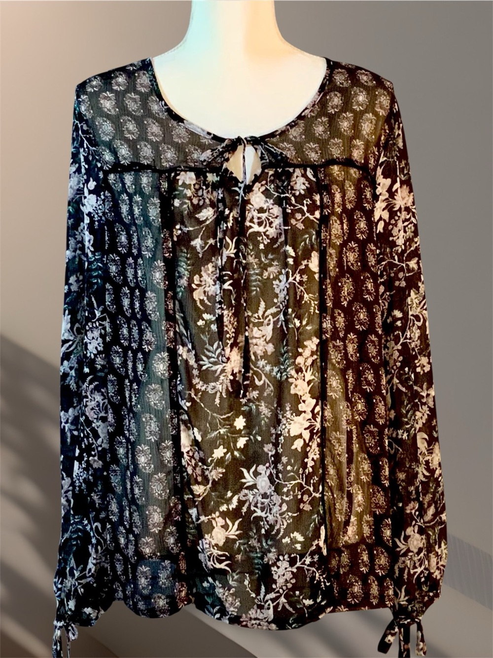 Knox Rose Black Floral Sheer Tie-Neck Blouse